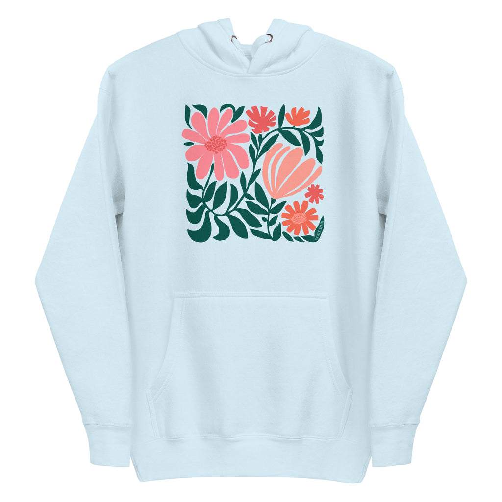 Botanica modern floral design with pink and coral blooms on a pullover hoodie in sky blue, front view – Kate Spain design