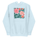Botanica modern floral design with pink and coral blooms on a pullover hoodie in sky blue, front view – Kate Spain design