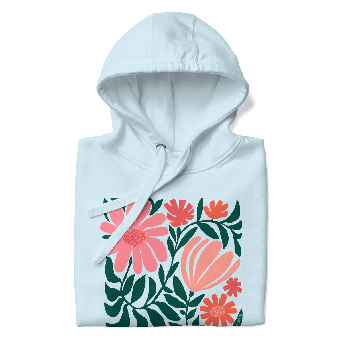 Botanica modern floral design with pink and coral blooms on a pullover hoodie in sky blue, folded close-up of the design – Kate Spain design
