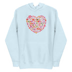 Be You floral heart of inspirational words on a premium hoodie in sky blue, front view – Kate Spain design