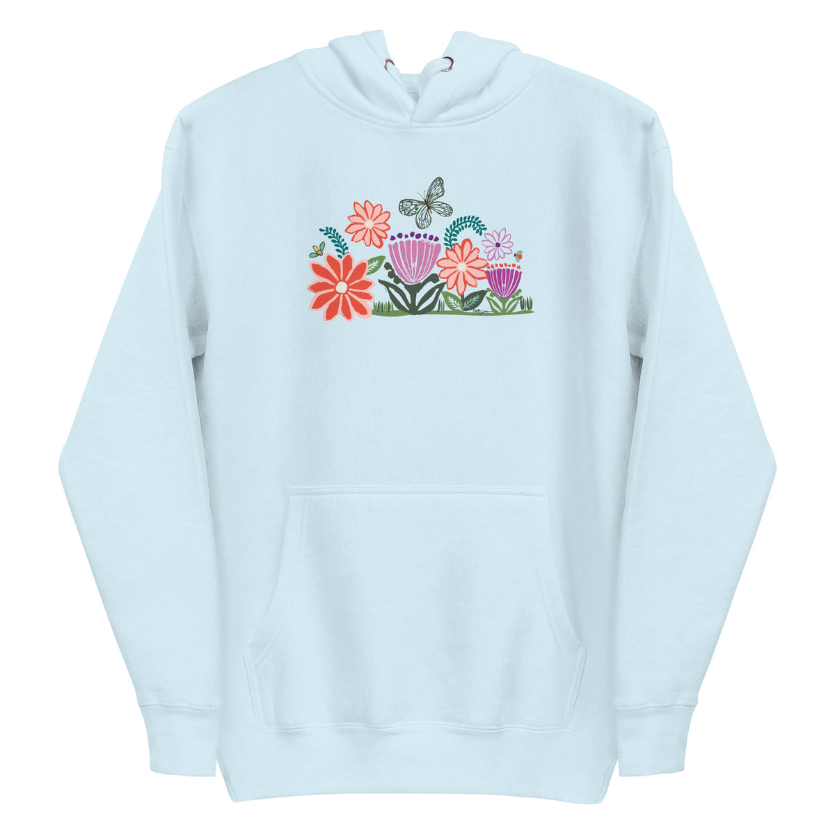 Bloom woodblock-style flowers with a butterfly, ladybug and bee on a pullover hoodie in sky blue, front view – Kate Spain design