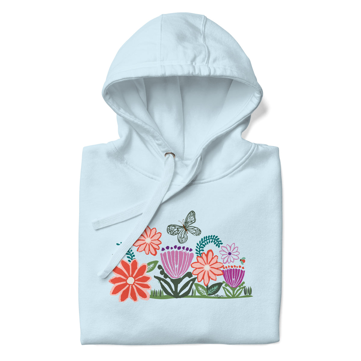 Bloom woodblock-style flowers with a butterfly, ladybug and bee on a pullover hoodie in sky blue, folded close-up of the design – Kate Spain design