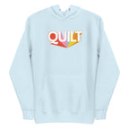 Moda QUILT logo with orange, pink, blue and yellow rays on a premium hoodie in sky blue, front view – Kate Spain design