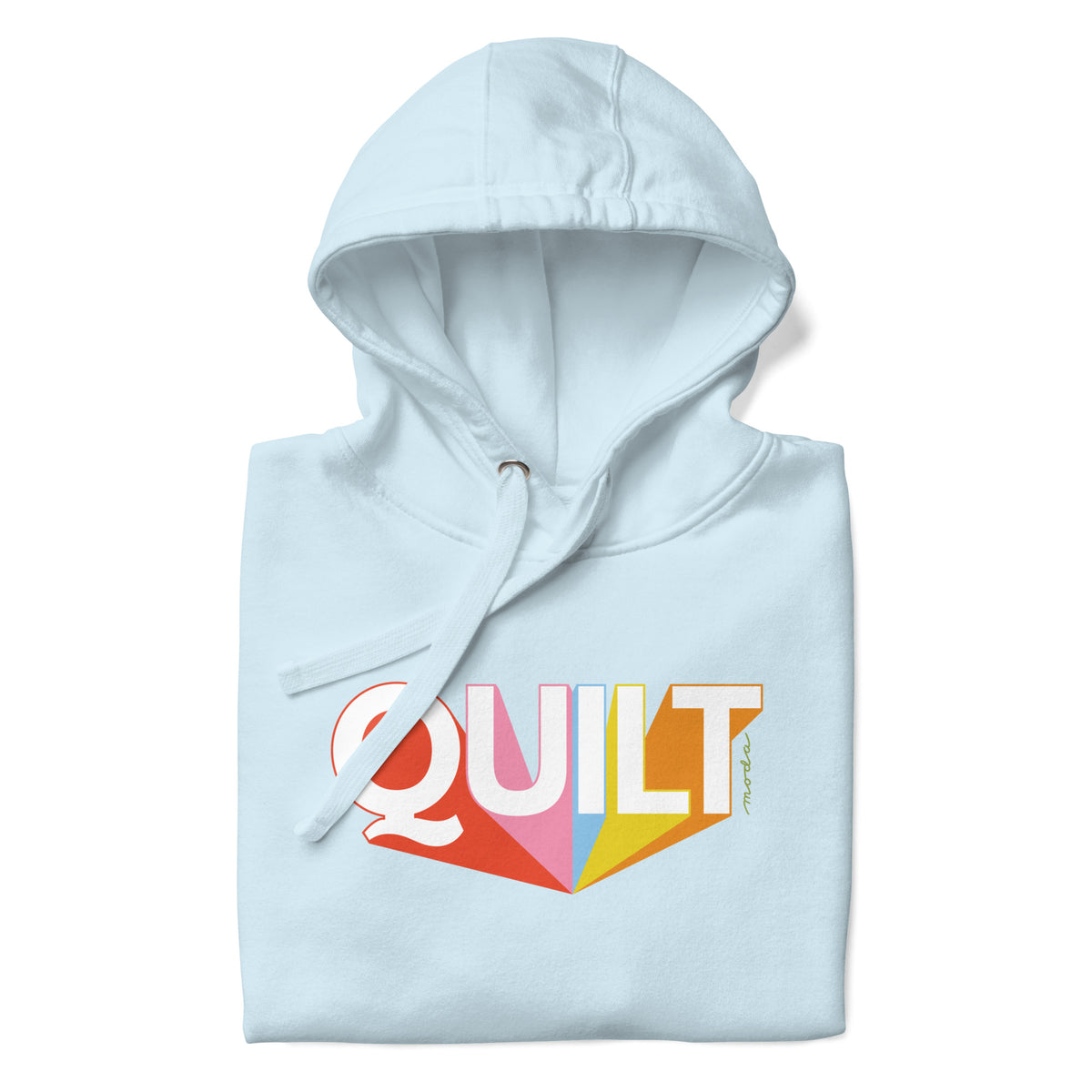 Moda QUILT logo with orange, pink, blue and yellow rays on a premium hoodie in sky blue, folded close-up of the design – Kate Spain design