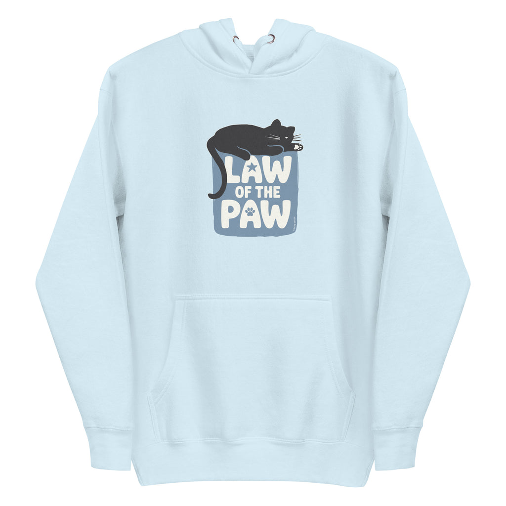 Law of the Paw® design with a cat napping on the logo on a pullover hoodie in sky blue, front view – Kate Spain design
