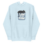 Law of the Paw® design with a cat napping on the logo on a pullover hoodie in sky blue, front view – Kate Spain design