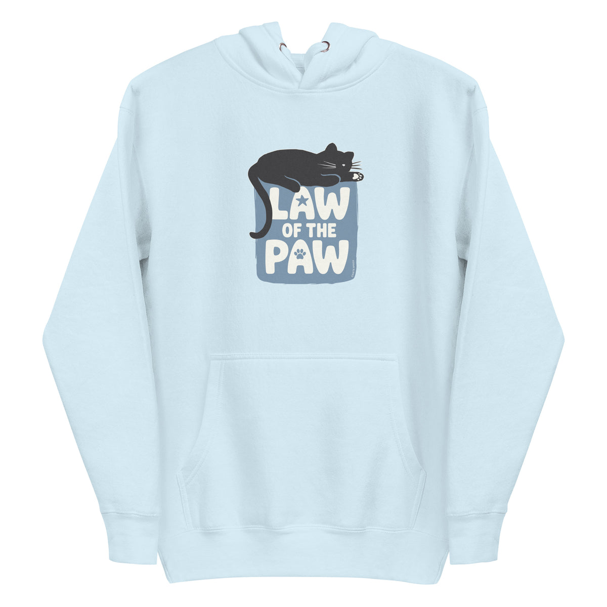 Law of the Paw® design with a cat napping on the logo on a pullover hoodie in sky blue, front view – Kate Spain design