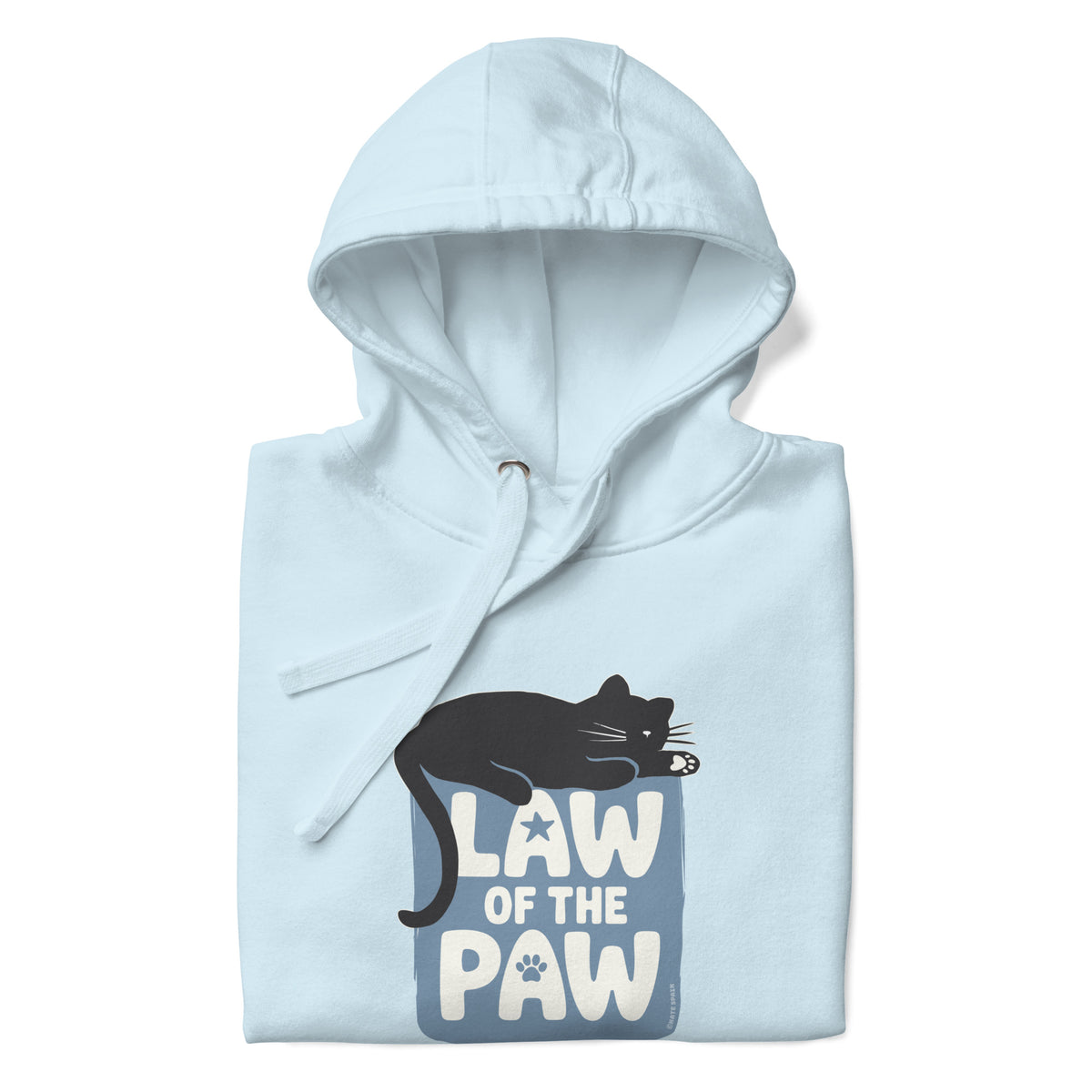 Law of the Paw® design with a cat napping on the logo on a pullover hoodie in sky blue, folded close-up of the design – Kate Spain design