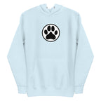 Law of the Paw® dog paw print on a pullover hoodie in sky blue, front view – Kate Spain design