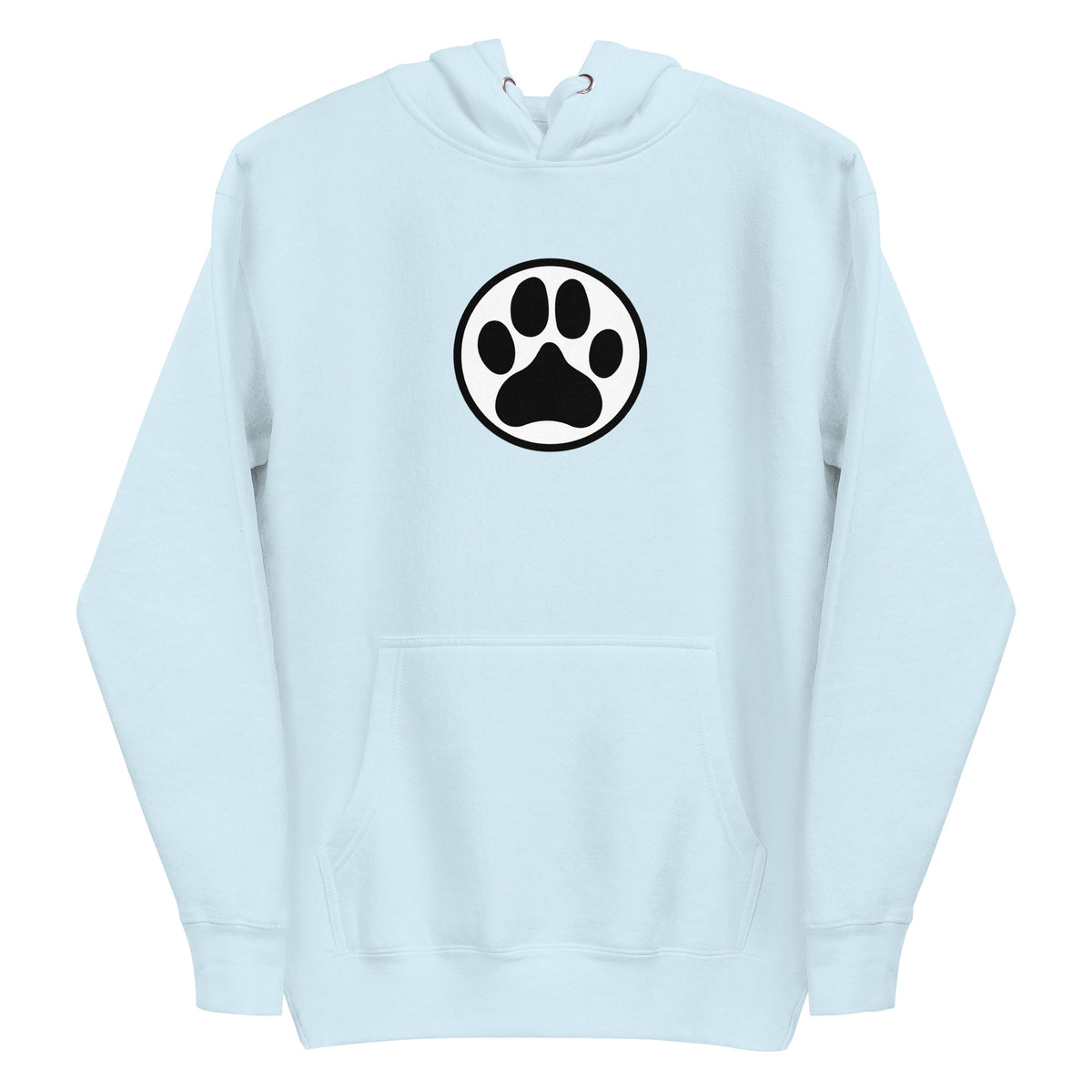 Law of the Paw® dog paw print on a pullover hoodie in sky blue, front view – Kate Spain design