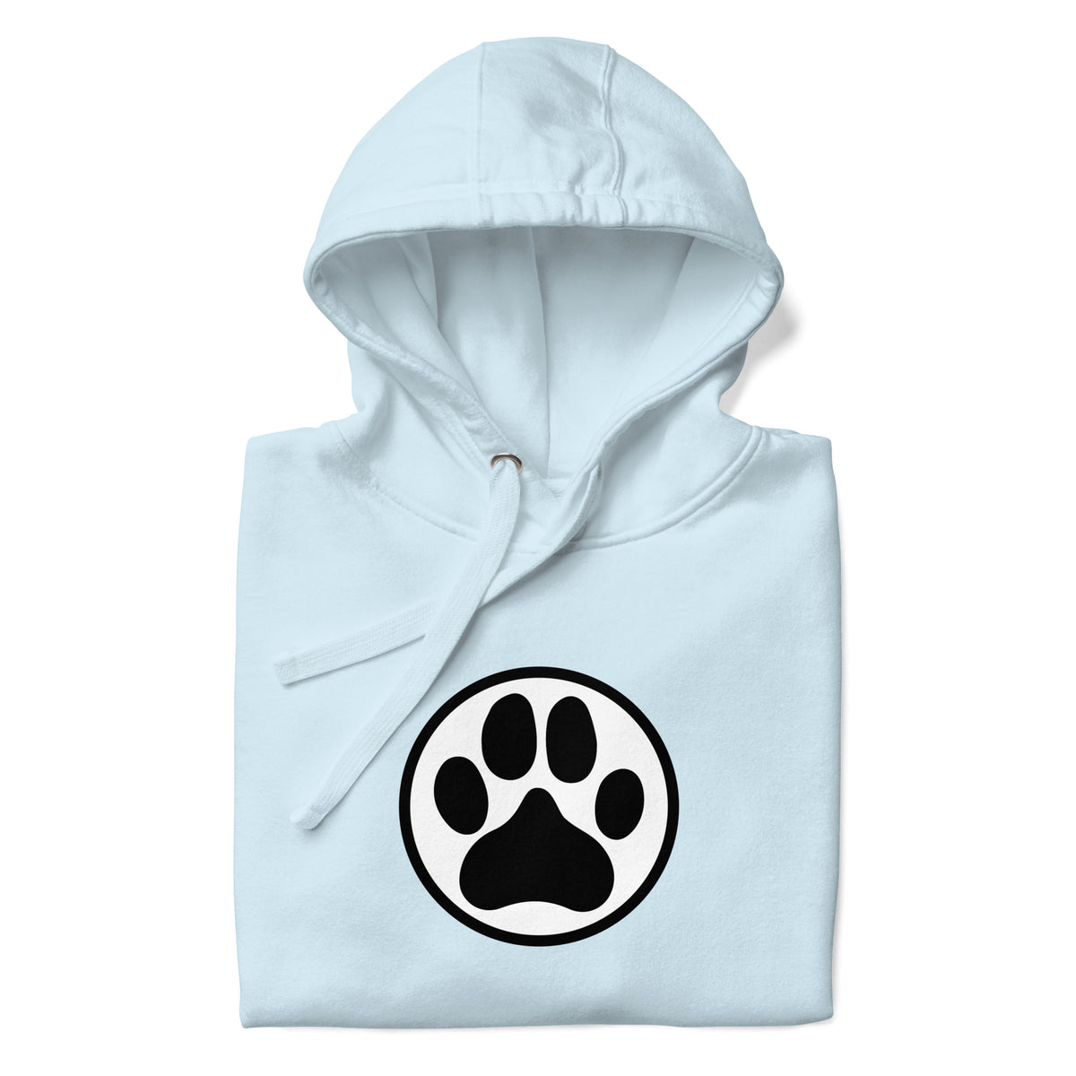 Law of the Paw® dog paw print on a pullover hoodie in sky blue, folded close-up of the design – Kate Spain design