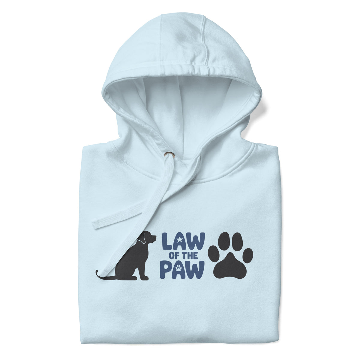 Law of the Paw® logo with seated dog and paw print on a pullover hoodie in sky blue, folded close-up of the design – Kate Spain design