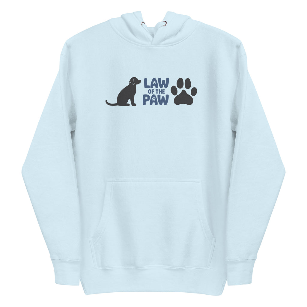 Law of the Paw® logo with seated dog and paw print on a pullover hoodie in sky blue, front view – Kate Spain design