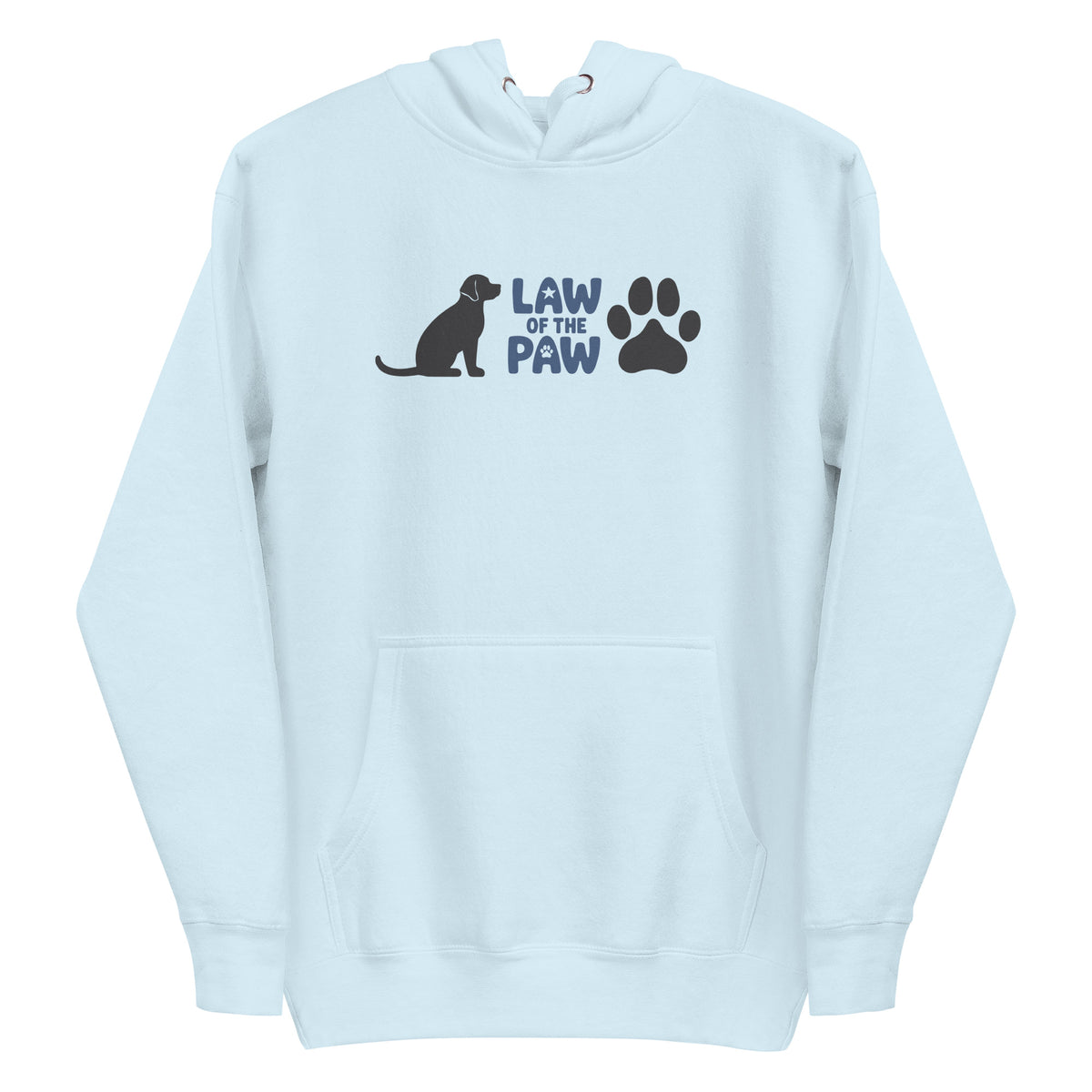 Law of the Paw® logo with seated dog and paw print on a pullover hoodie in sky blue, front view – Kate Spain design