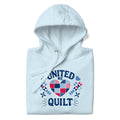 United We Quilt patchwork heart with quilt stars on a premium hoodie in sky blue, folded close-up of the design – Kate Spain design for Pat Sloan