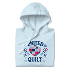 United We Quilt patchwork heart with quilt stars on a premium hoodie in sky blue, folded close-up of the design – Kate Spain design for Pat Sloan