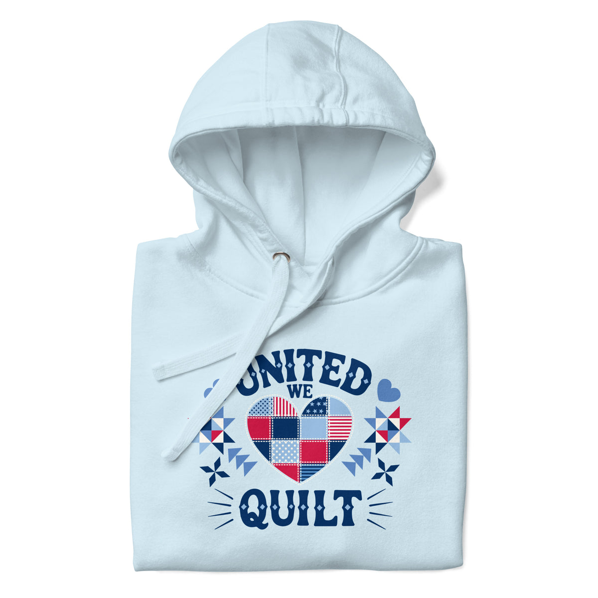 United We Quilt patchwork heart with quilt stars on a premium hoodie in sky blue, folded close-up of the design – Kate Spain design for Pat Sloan