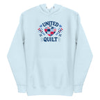 United We Quilt patchwork heart with quilt stars on a premium hoodie in sky blue, front view – Kate Spain design for Pat Sloan