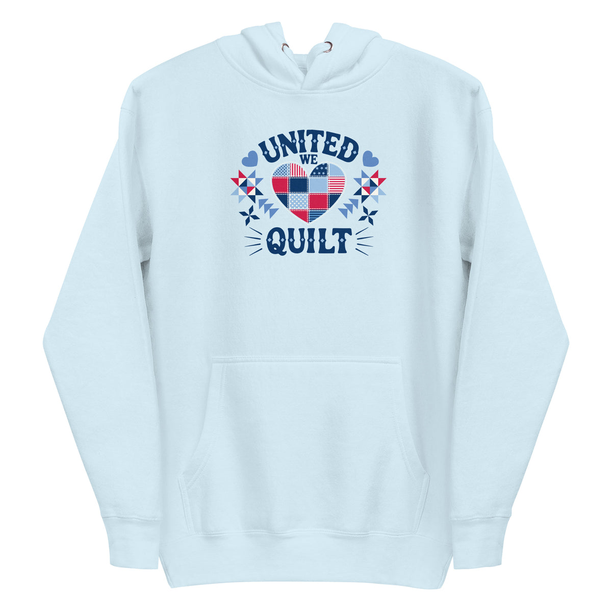 United We Quilt patchwork heart with quilt stars on a premium hoodie in sky blue, front view – Kate Spain design for Pat Sloan