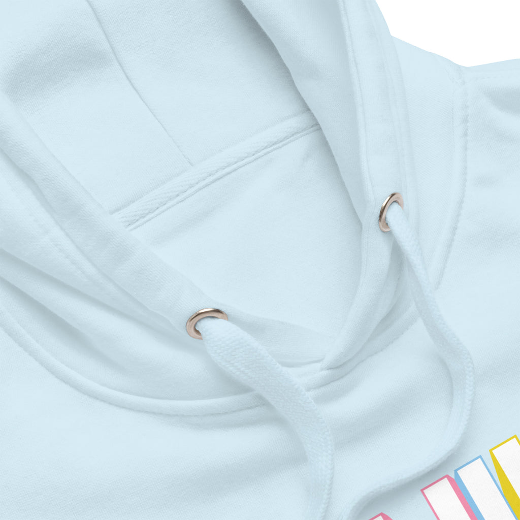Moda QUILT logo with orange, pink, blue and yellow rays on a premium hoodie in sky blue, close-up of the hood and print – Kate Spain design