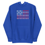 United We Quilt patchwork flag with quilt-block stars and heart stripes on a pullover hoodie in royal blue, front view – Kate Spain design for Pat Sloan