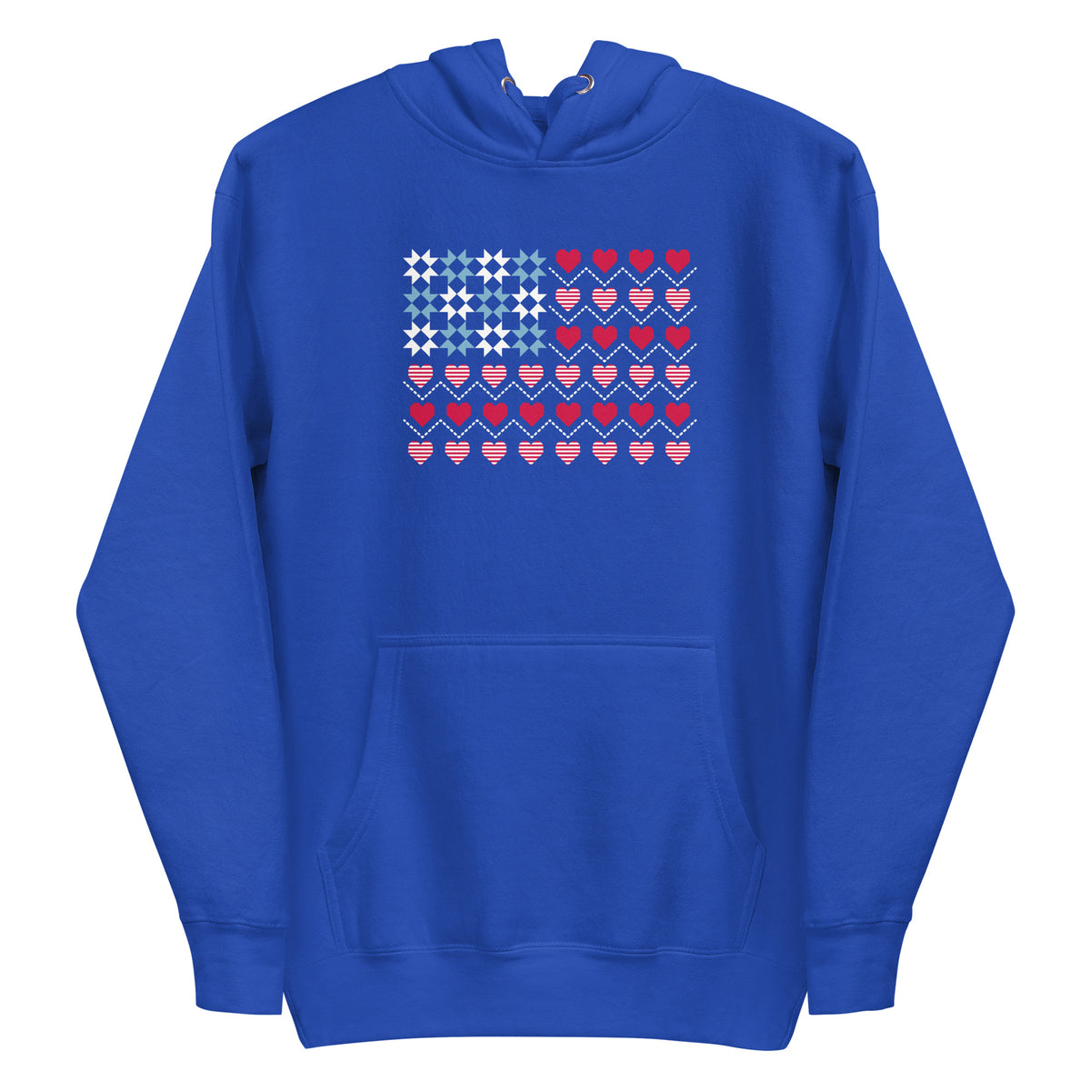 United We Quilt patchwork flag with quilt-block stars and heart stripes on a pullover hoodie in royal blue, front view – Kate Spain design for Pat Sloan