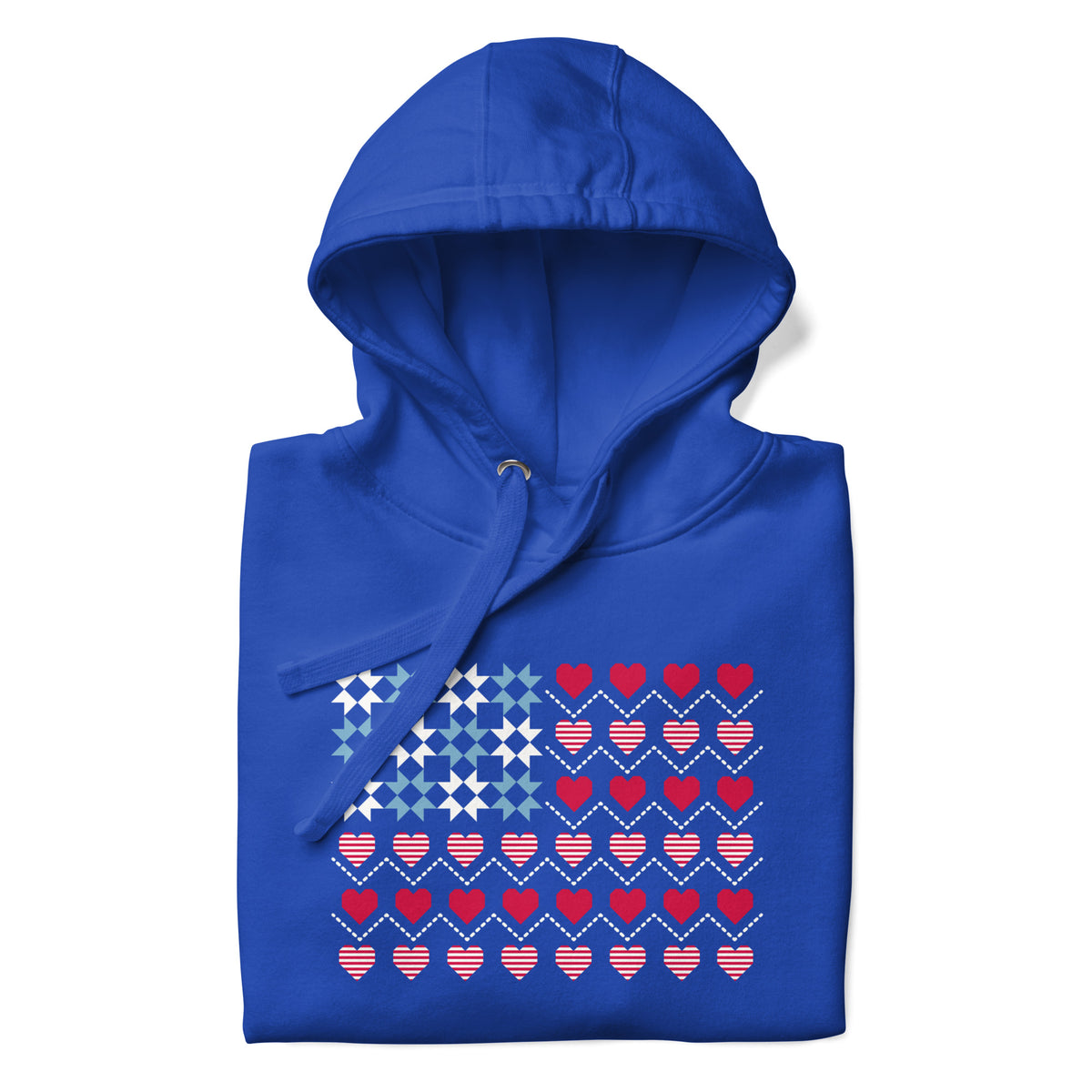 United We Quilt patchwork flag with quilt-block stars and heart stripes on a pullover hoodie in royal blue, folded close-up of the design – Kate Spain design for Pat Sloan