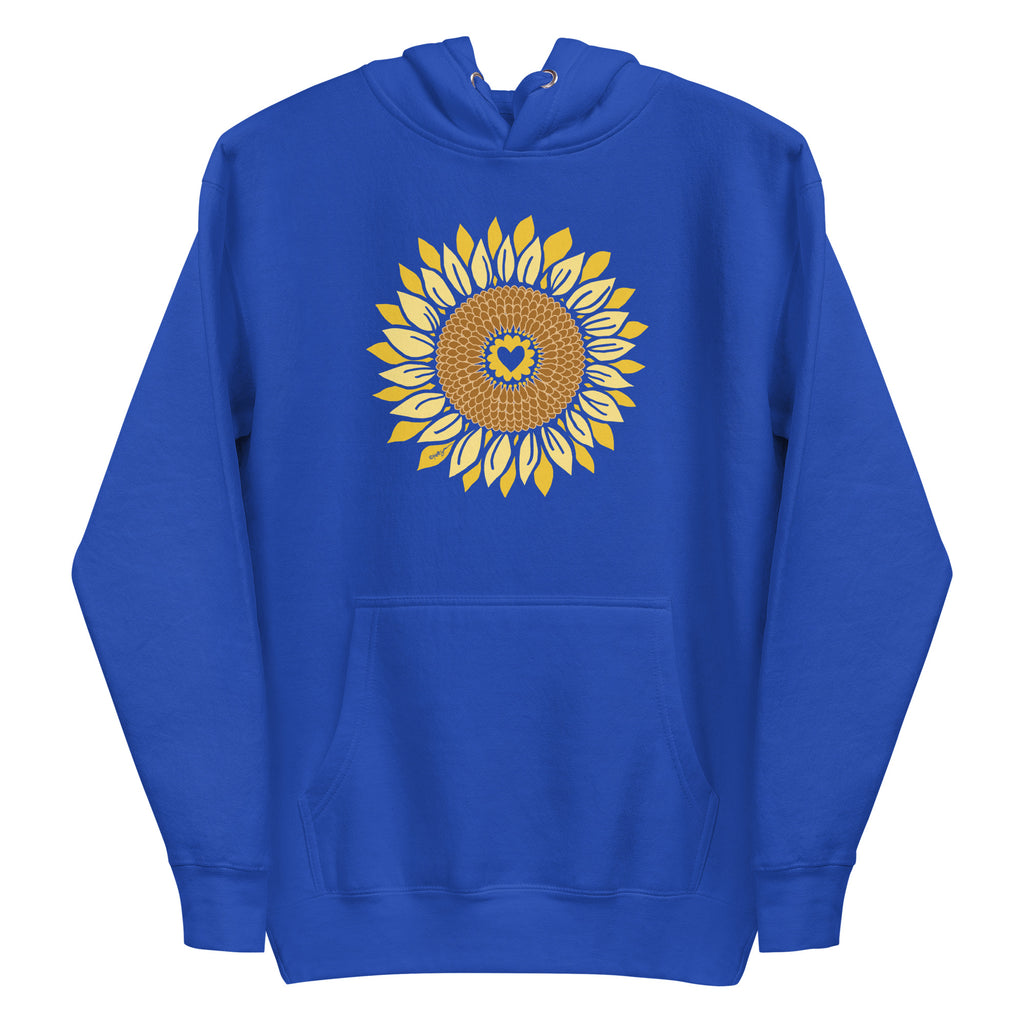 Golden sunflower with a heart center on a pullover hoodie in royal blue, front view – Sunflowers in My Heart by Kate Spain