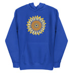 Golden sunflower with a heart center on a pullover hoodie in royal blue, front view – Sunflowers in My Heart by Kate Spain