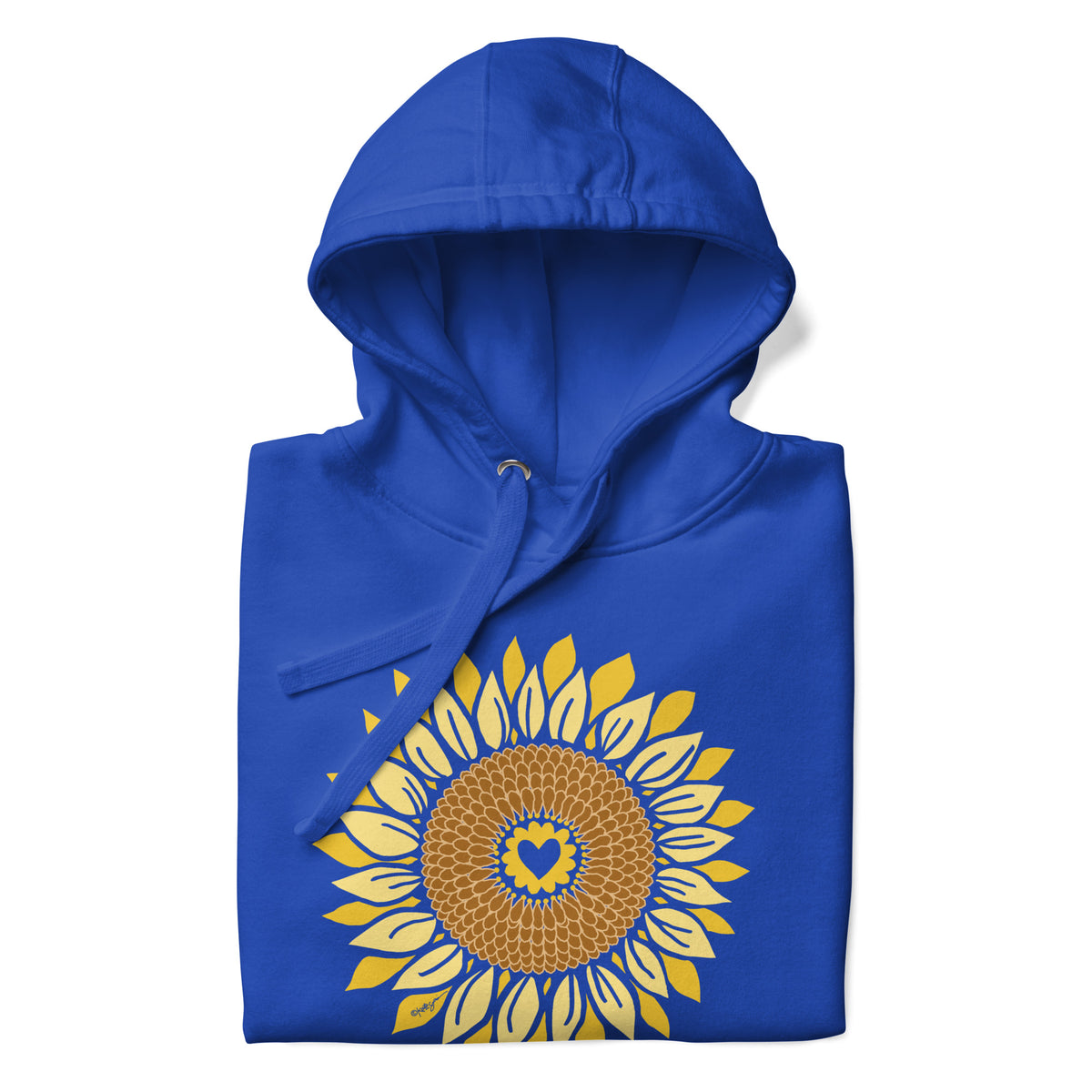 Golden sunflower with a heart center on a pullover hoodie in royal blue, folded close-up of the design – Sunflowers in My Heart by Kate Spain