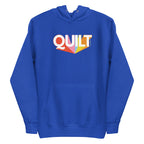 Moda QUILT logo with orange, pink, blue and yellow rays on a premium hoodie in royal blue, front view – Kate Spain design