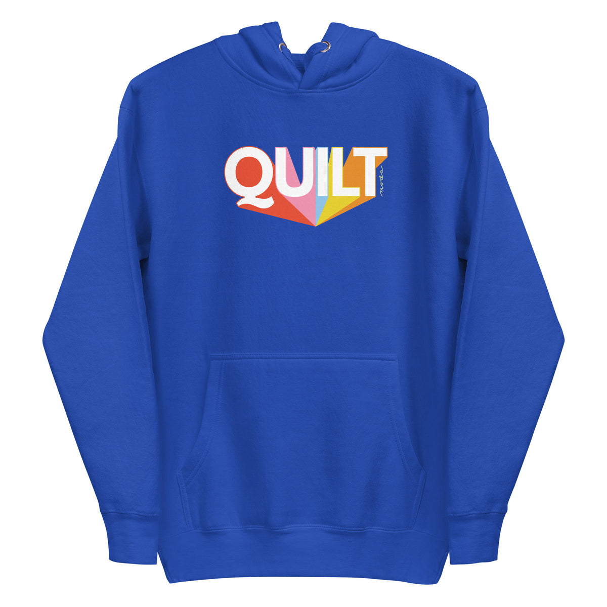 Moda QUILT logo with orange, pink, blue and yellow rays on a premium hoodie in royal blue, front view – Kate Spain design