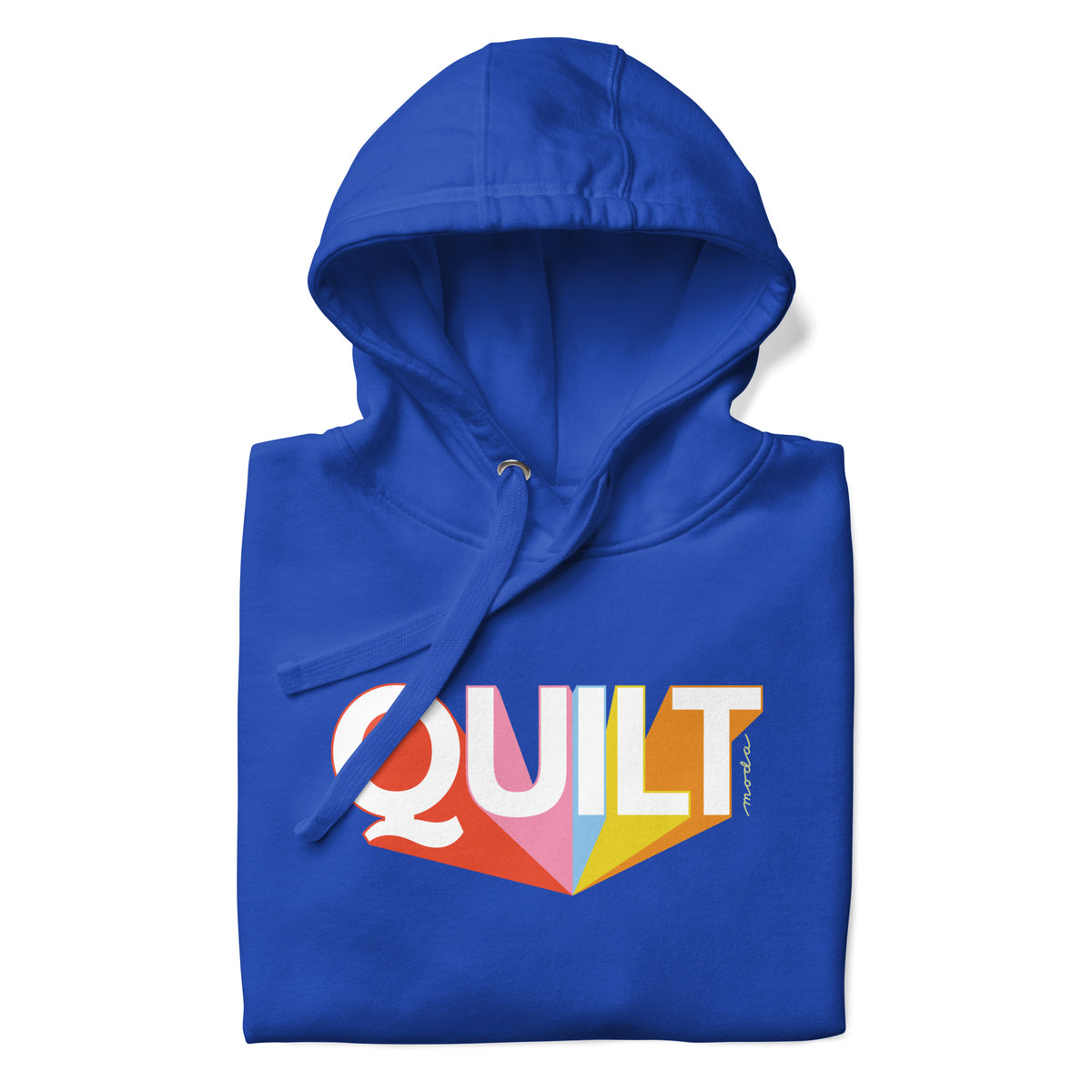 Moda QUILT logo with orange, pink, blue and yellow rays on a premium hoodie in royal blue, folded close-up of the design – Kate Spain design