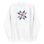 Liberty Love star quilt block with a heart in red, white and blue on a pullover hoodie in white, front view – Kate Spain design for Pat Sloan