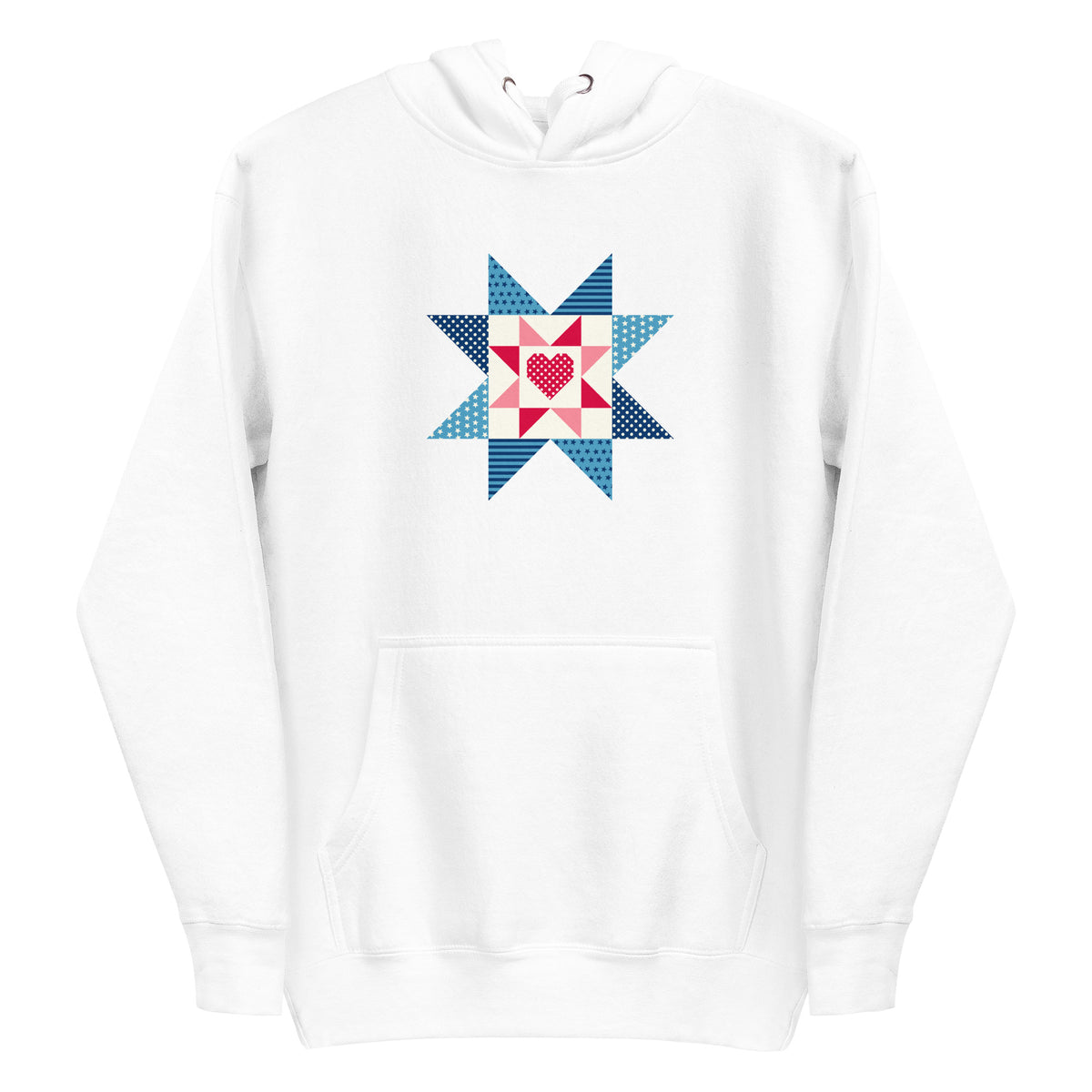 Liberty Love star quilt block with a heart in red, white and blue on a pullover hoodie in white, front view – Kate Spain design for Pat Sloan