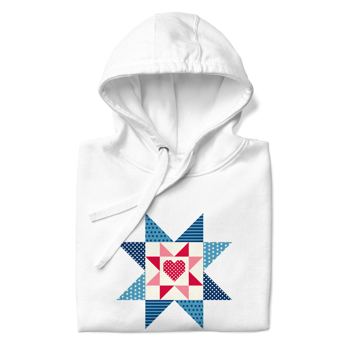 Liberty Love star quilt block with a heart in red, white and blue on a pullover hoodie in white, folded close-up of the design – Kate Spain design for Pat Sloan