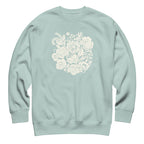 Meadowsweet woodblock-style bouquet of wildflowers on a crewneck sweatshirt in agave, front view – Kate Spain design
