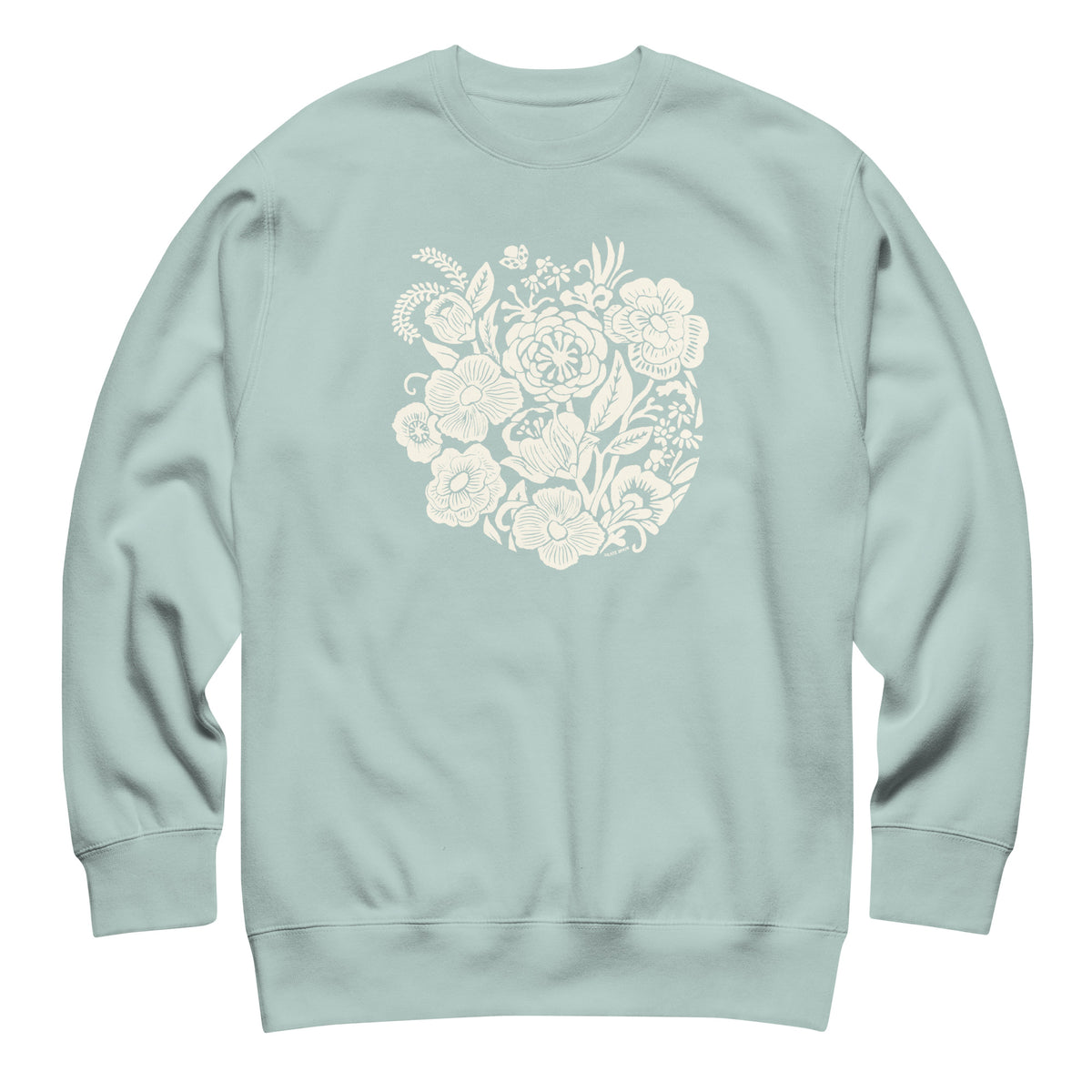 Meadowsweet woodblock-style bouquet of wildflowers on a crewneck sweatshirt in agave, front view – Kate Spain design