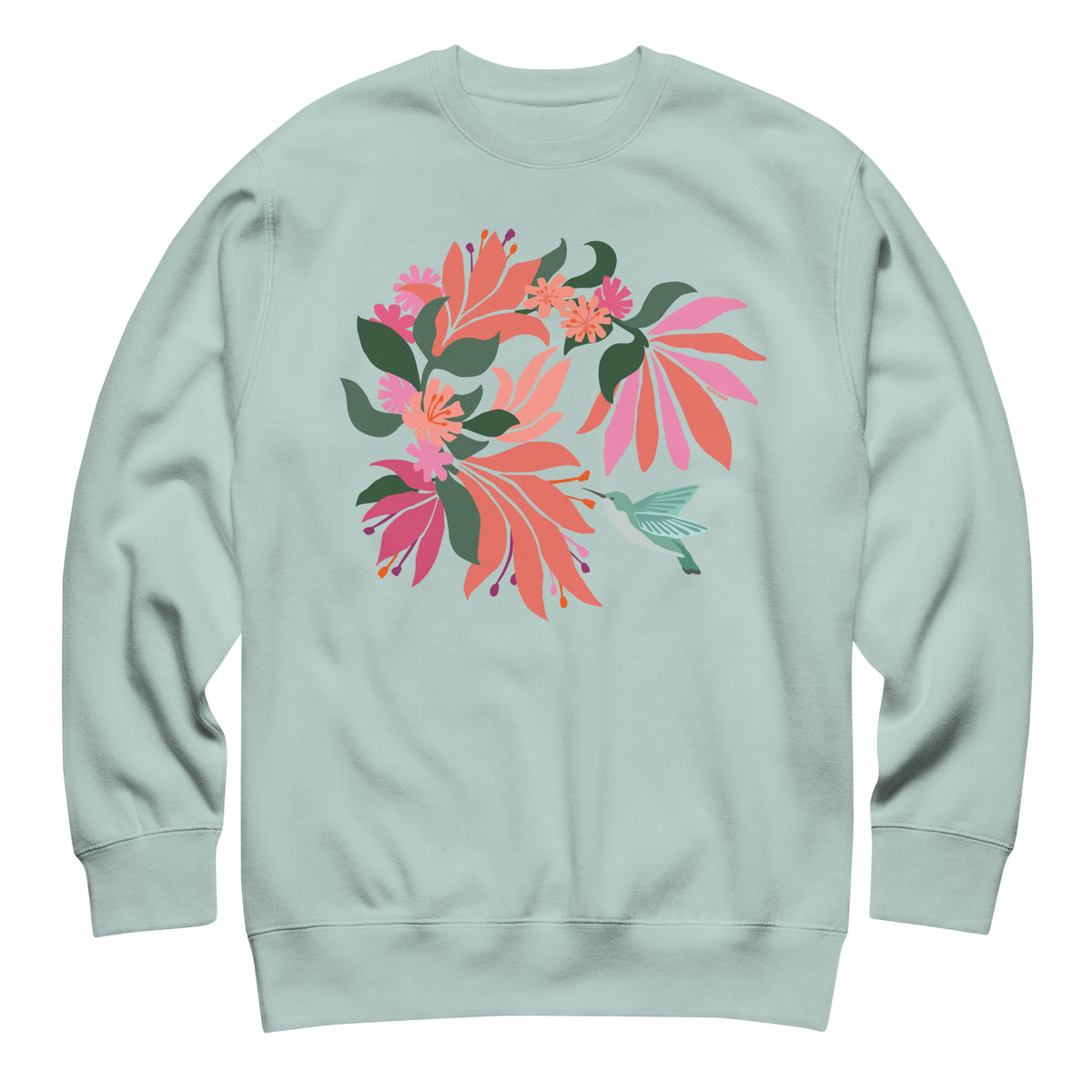 Hummingbird among coral tropical flowers on a crewneck sweatshirt in agave, front view – Kate Spain design