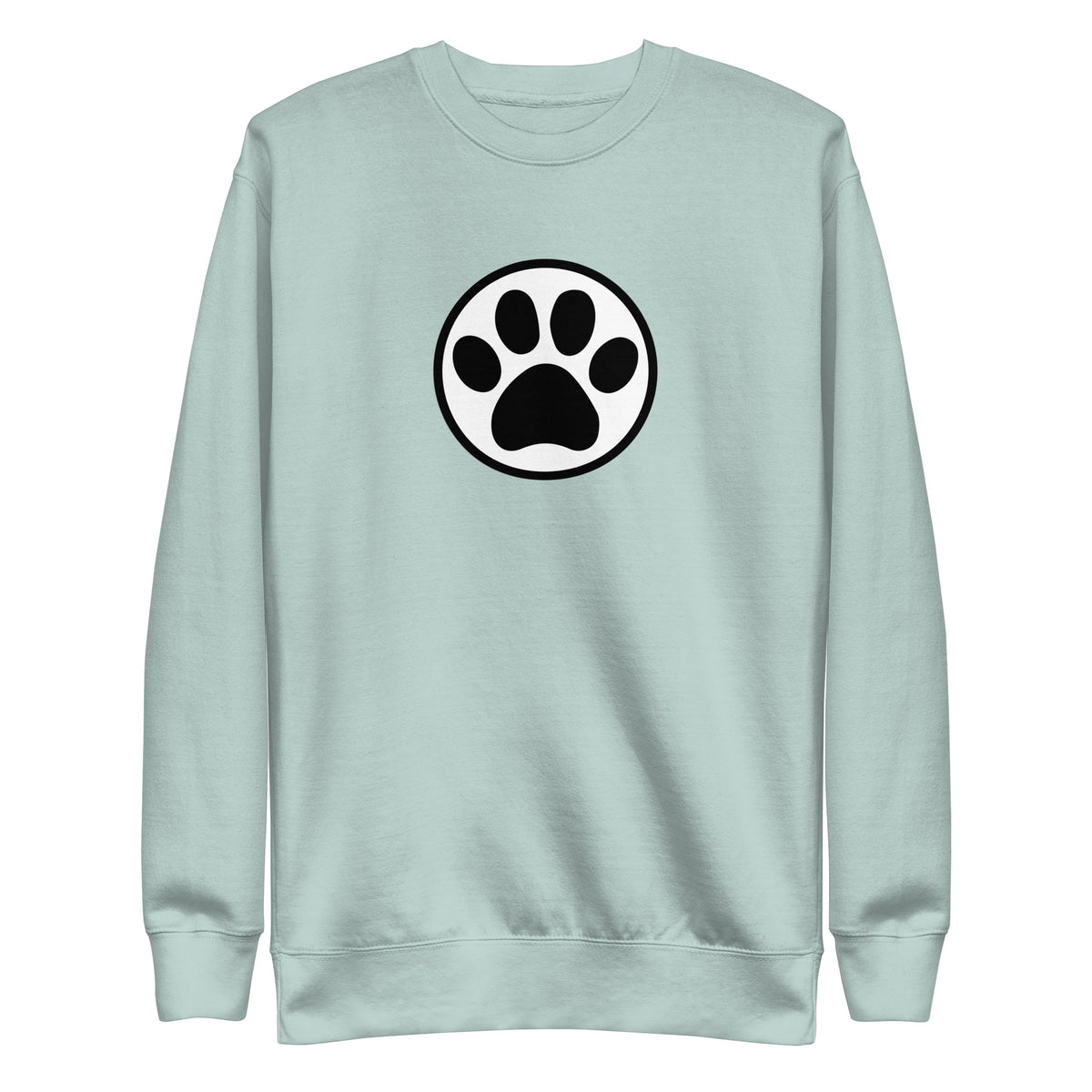 Law of the Paw® cat paw print on a crewneck sweatshirt in agave, front view – Kate Spain design