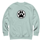 Law of the Paw® dog paw print on a crewneck sweatshirt in agave, front view – Kate Spain design