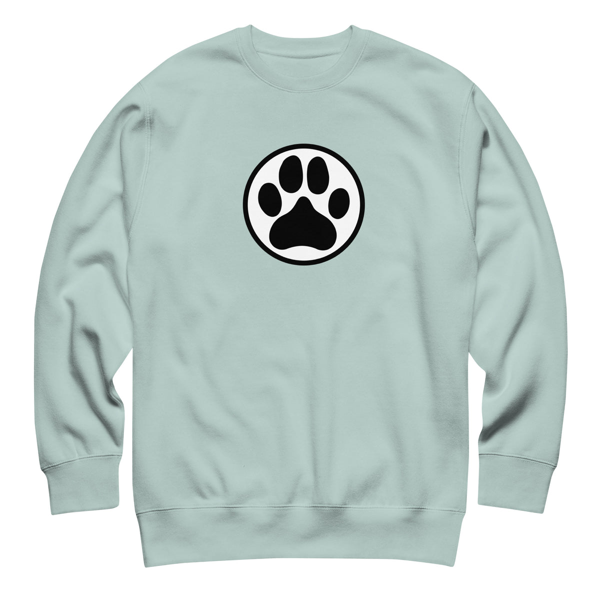 Law of the Paw® dog paw print on a crewneck sweatshirt in agave, front view – Kate Spain design