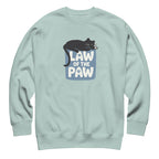 Law of the Paw® design with a cat napping on the logo on a crewneck sweatshirt in agave, front view – Kate Spain design