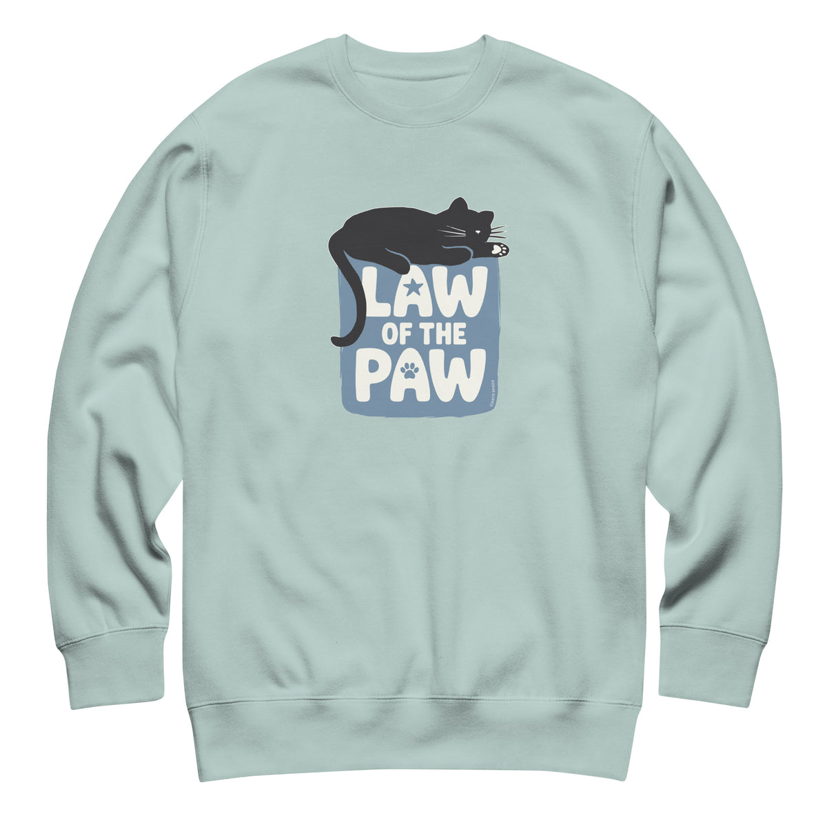 Law of the Paw® design with a cat napping on the logo on a crewneck sweatshirt in agave, front view – Kate Spain design