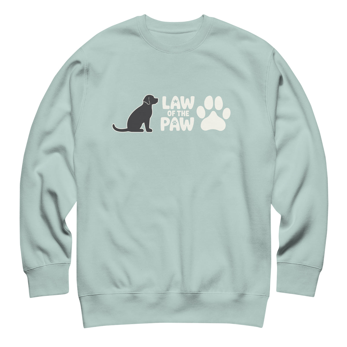 Law of the Paw® logo with seated dog and paw print on a crewneck sweatshirt in agave, front view – Kate Spain design