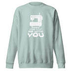 May the ¼" Be With You white sewing machine graphic on a premium sweatshirt in agave, folded close-up of the design – Kate Spain design for Pat Sloan