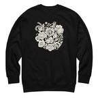 Meadowsweet woodblock-style bouquet of wildflowers on a crewneck sweatshirt in black, front view – Kate Spain design