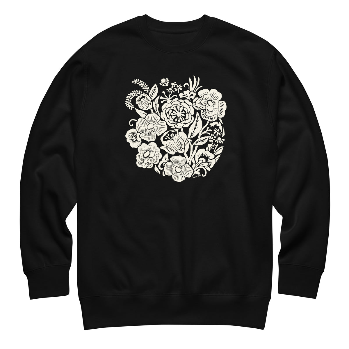 Meadowsweet woodblock-style bouquet of wildflowers on a crewneck sweatshirt in black, front view – Kate Spain design