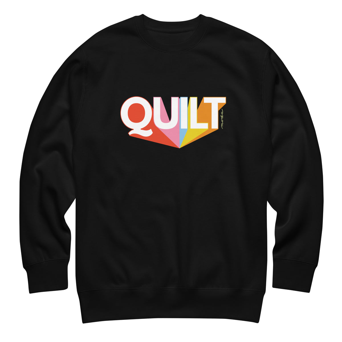 Moda QUILT logo with orange, pink, blue and yellow rays on a premium sweatshirt in black, front view – Kate Spain design
