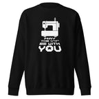 May the ¼" Be With You white sewing machine graphic on a premium sweatshirt in black, folded close-up of the design – Kate Spain design for Pat Sloan